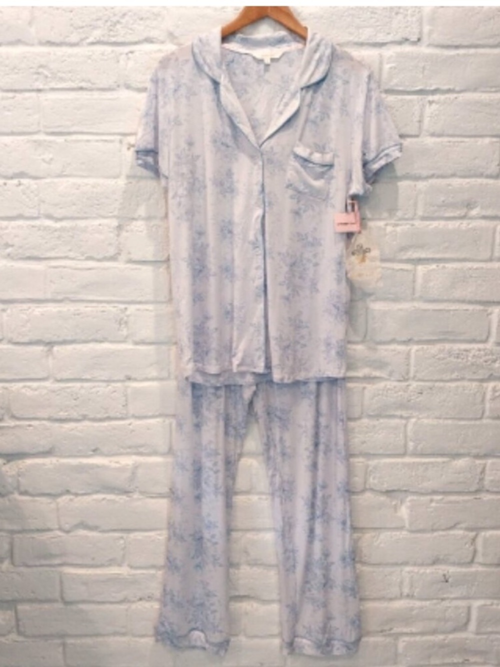 SHABBY CHIC Pajama Set Women Medium 6 Blue Floral Soft 2 PC Stretch Short Sleeve